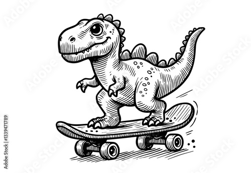 funny cartoon dinosaur riding skateboard in black and white sketch style, vector illustration