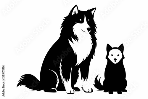 a dog and a ragdoll sitting together line art silhouette vector illustration