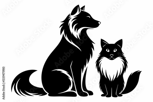 a dog and a ragdoll sitting together line art silhouette vector illustration