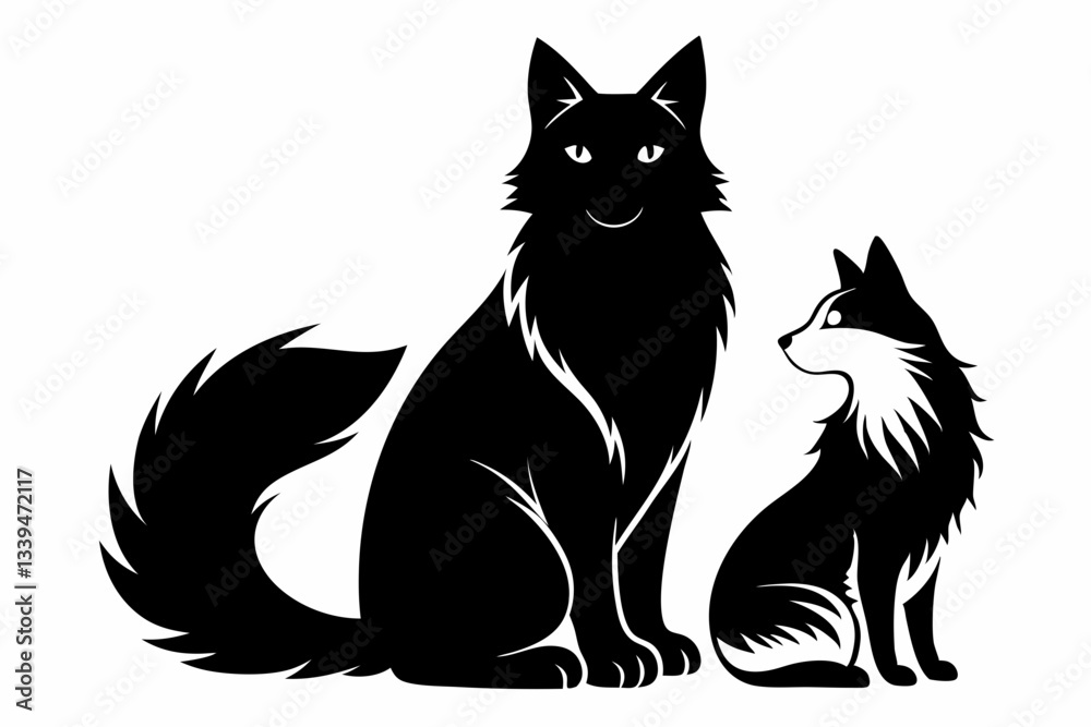 Obraz premium a dog and a ragdoll sitting together line art silhouette vector illustration