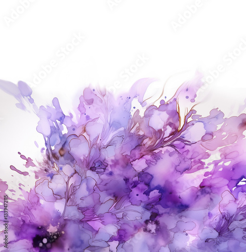Abstract violet lilac flowers watercolor Background, lilac flowers background, water texture, fluid art, high resolution, artistic, loose, free style, spilled paint on white, abstract art