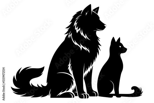 a dog and a ragdoll sitting together line art silhouette vector illustration