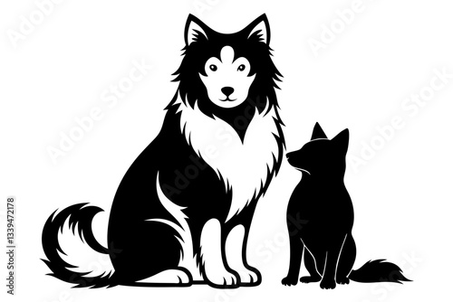 a dog and a ragdoll sitting together line art silhouette vector illustration