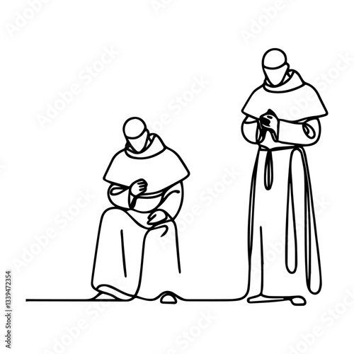 two monks praying, one line drawing vector, minimalist religious illustration of faith and devotion
