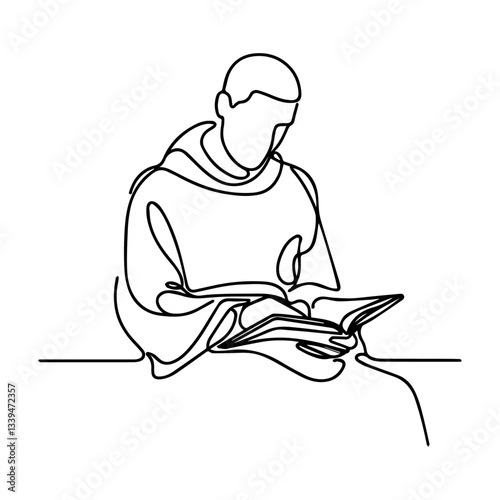monk reading holy book, one line drawing vector, minimalist religious illustration of faith and devotion