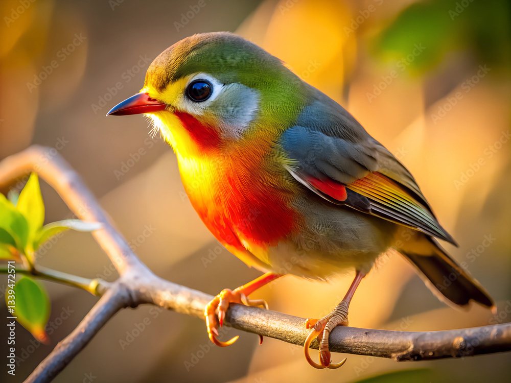 Fototapeta premium A Red billed liotrix on a Tree Branch with sunset. cute liotrix isolated on branch.