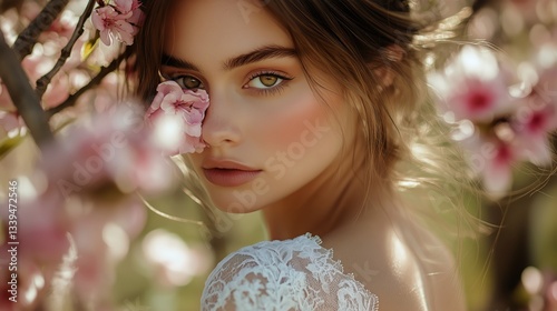 Spring Blossom Girl Covering Eyes With Flowers in Sunlight Outdoors