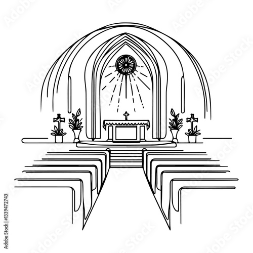 vector line drawing of a church interior with an altar, pews, and arched ceiling, creating a minimalist sacred space