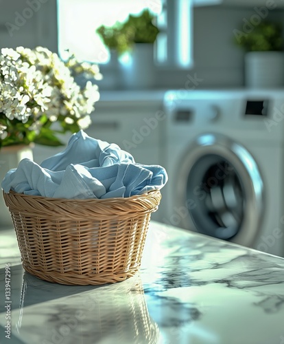 Laundry Room Interior Features Wicker Basket Filled With White Clothes on Mar...