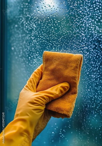 Hand With Yellow Glove Cleaning Wet Glass With an Orange Cloth