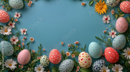 Pastel Easter Eggs and Spring Flowers Arranged on a Light Blue Background in ...