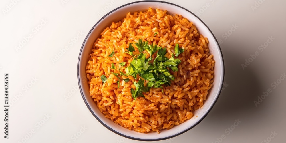 A bowl of seasoned rice garnished with fresh green herbs A bowl of seasoned rice garnished with fresh green herbs