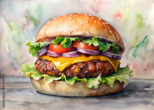 Juicy Cheeseburger Watercolor Painting. A Mouthwatering Masterpiece