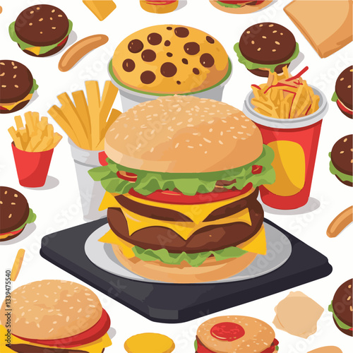 fastfood, fast, snack, food, meal, delicious, background, lunch, dinner, fat, american, burger, unhealthy, restaurant, meat, isolated, junk, menu, cheeseburger, tasty, set, hamburger, sandwich, cuisin