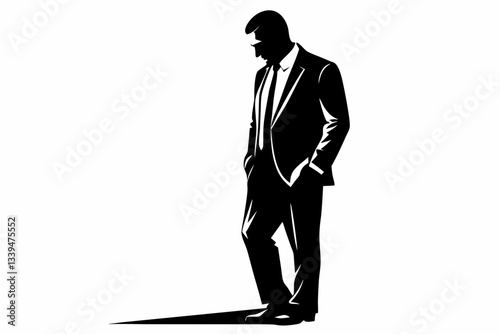 businessman standing and looking down line art silhouette vector illustration