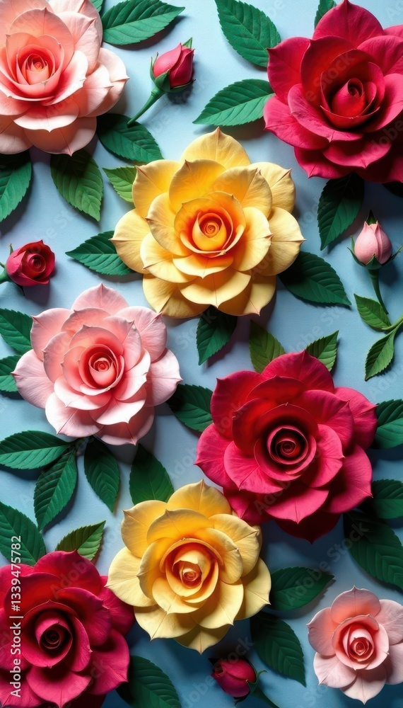 Fototapeta premium Multicolored paper rose wall, textured surface , floral, purple, blue