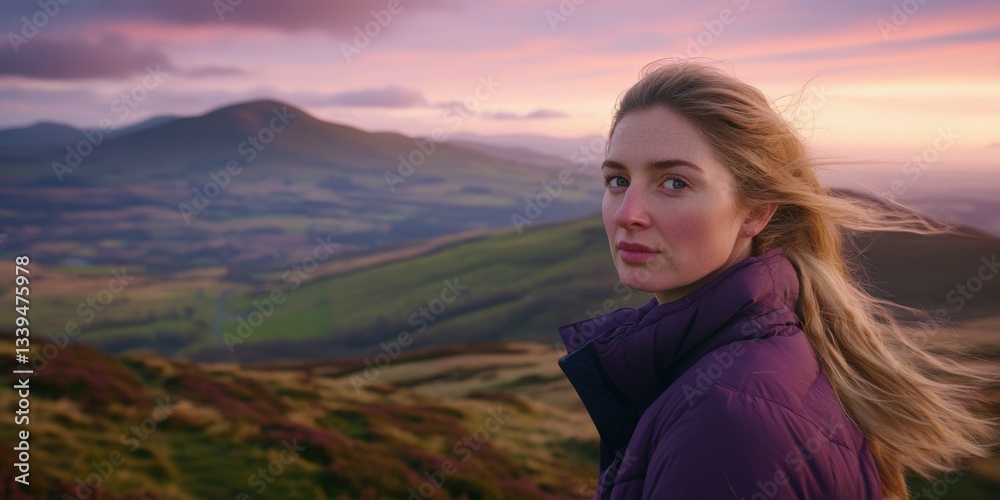 Sunset over hills with a woman in view Sunset over hills with a woman in view