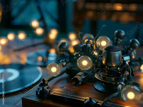 A close-up shot of a vintage silver and black ribbon microphone on a wooden stage, surrounded by glowing Edison bulbs. Nearby, classic vinyl records and a turntable spin.