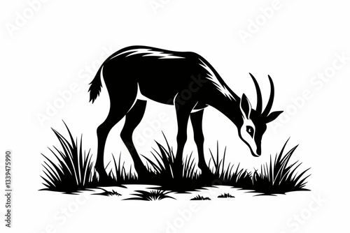 chamois eat grass line art silhouette vector illustration