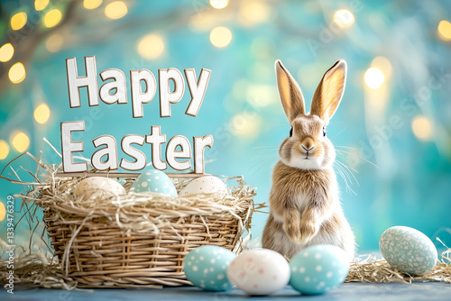"Happy Easter" festive image with an adorable bunny, decorated Easter eggs, and festive decor creating a joyful and celebratory scene