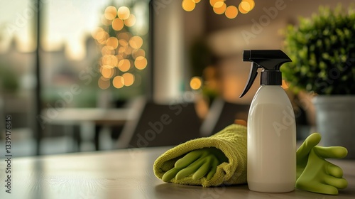 Spray Bottle and Cleaning Gloves Sit on the Table Indoors Ready for Cleaning