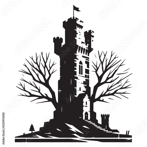 Mysterious Tower Castle Silhouette a Vector Landscape Art