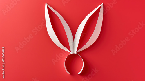 Happy Easter greeting card with head and white paper cut Easter Bunny Ears isolated on a red background, illustration, Generative Ai