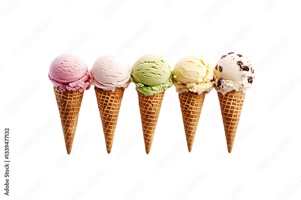 Delicious Ice Cream Cones in Various Flavors, Perfect for Summer Desserts on transparent background