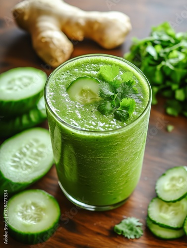 Glass of Green Smoothie With Cucumber, Ginger and Cilantro on Wood Surface