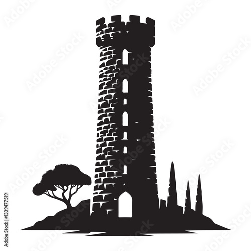 Majestic Stone Tower Illustration Standing Tall Silhouette with Italian Landscape