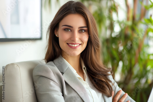 Confident and Happy Businesswoman in Office, Looking at the Camera with a Positive Attitude, Reflecting Professionalism and Ambition.