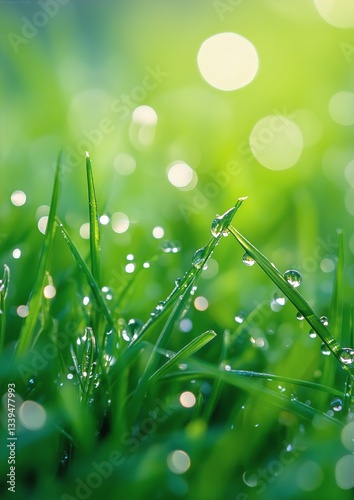 Close up of Fresh Green Grass With Water Droplets in the Morning Dew