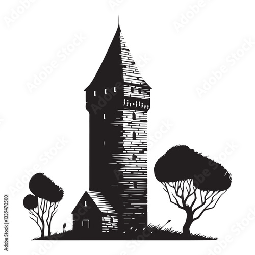 Medieval Tower Silhouette Vector Illustration for Fantasy Game Design