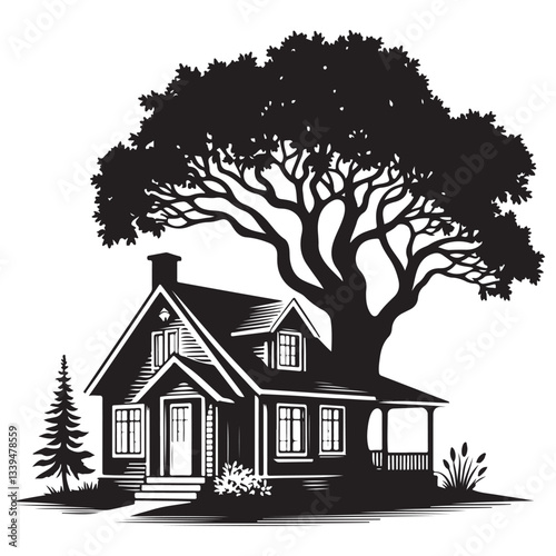 Charming House Under Tree Silhouette Vector Illustration Home Design