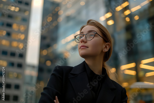 Confident Female Business Person Standing in the City Center, Representing Success and Professionalism in an Urban Environment.