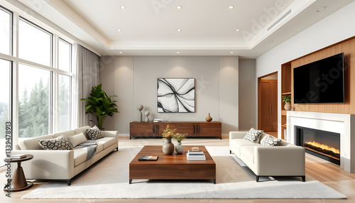 Large modern luxury living room interior in Bellevue home , with white tonespng