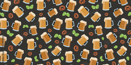  Seamless pattern. Beer mug, snacks, drink, hop cones. Beer day, festival, holiday. Bretzel, pretzel, pastry. Vector background repeating.