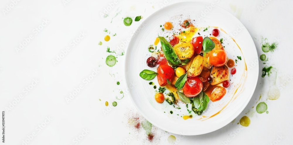 A white plate featuring fresh colorful tomatoes and greens A white plate featuring fresh colorful tomatoes and greens