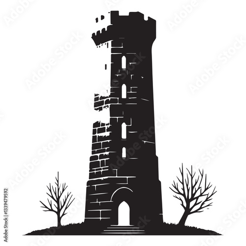Silhouette Illustration of a Ruined Tower Symbolic Fortress Abandoned in Time