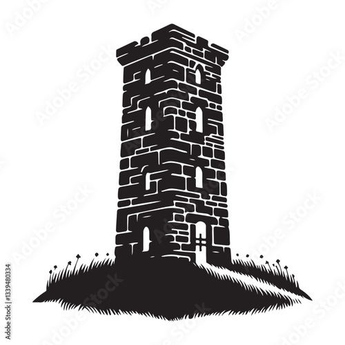 Stone Watchtower Silhouette Vector Illustration in a Grassy Field