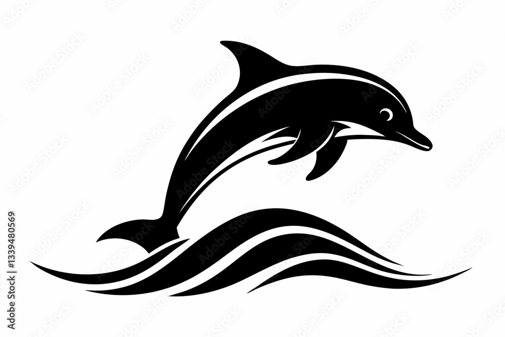 Fototapeta premium dolphin over a wave engraving line art silhouette vector illustration