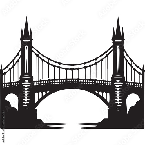 Silhouette bridge vector illustration of architectural landmark structure design