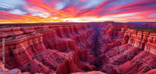 Fiery sunrise paints the cliffs of Hunts Mesa in vibrant hues, Monument Valley, golden hour photo