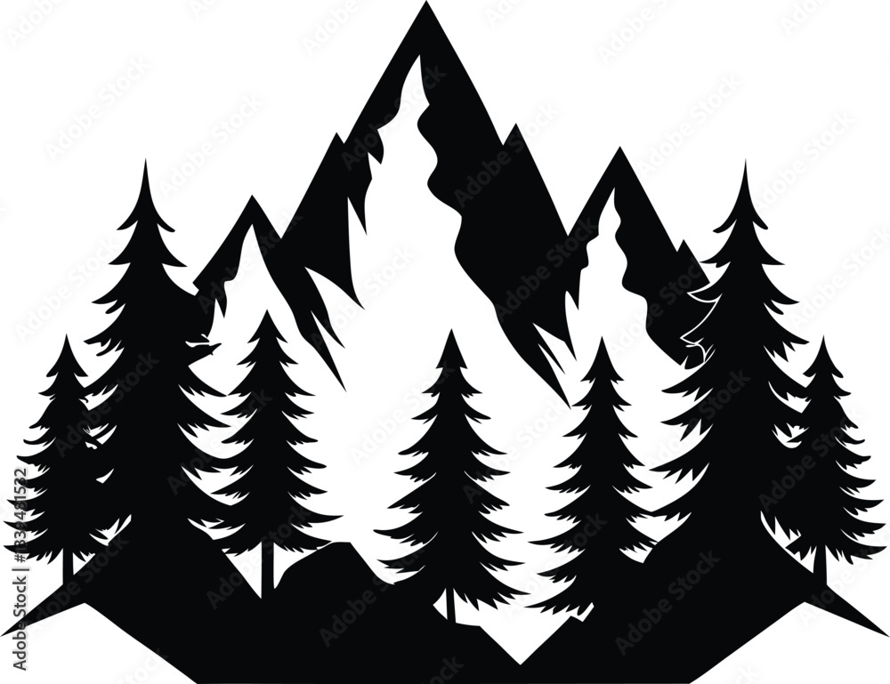 Obraz premium Mountains and Fir Trees Silhouette Vector Design, Nature Landscape Icon