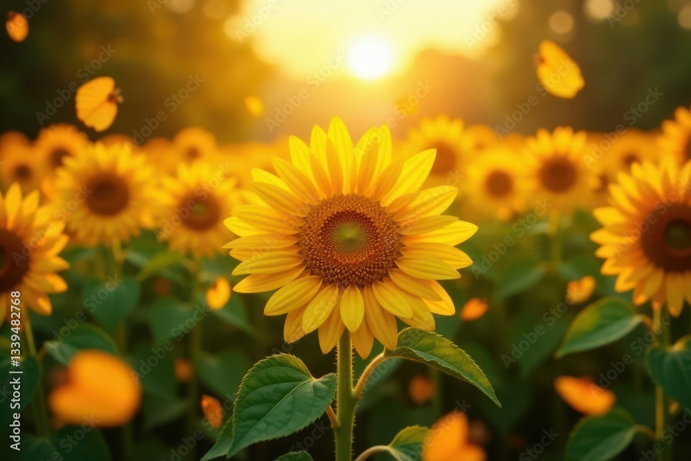 Obraz premium Sunflowers in fading sunlight, amber leaves scattered, photography, backdrop