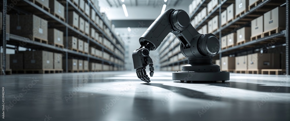 Obraz premium A robotic arm is actively sorting and picking items in a well-organized online shopping warehouse. The environment is bright and clean, showcasing a modern workflow