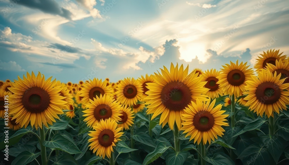 Fototapeta premium Vast sunflower field under a dramatic sky, vibrant yellow blooms, landscape, beautiful