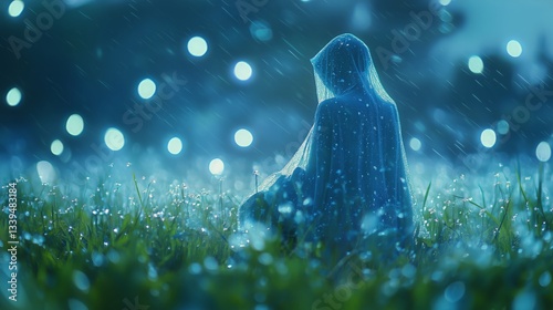 Silhouette of a Person in a Hooded Cloak Sitting in a Raindrenched Field Duri...