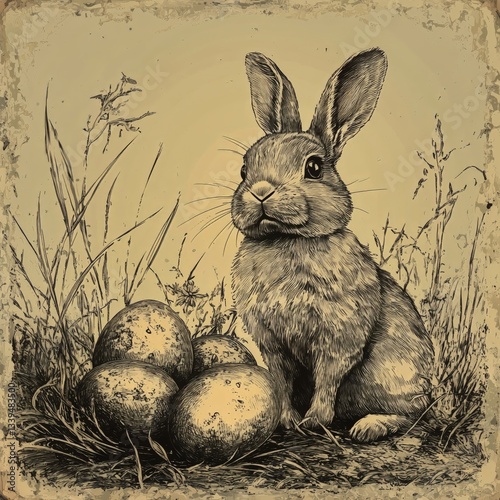 Easter Bunny With Eggs and Flowers Artistic Drawing on Beige Background