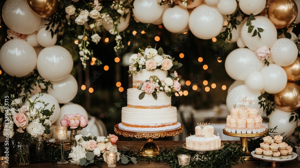 A soft and elegant wedding dessert station with a floral-tiered cake, golden accents, and white and blush balloon garlands.